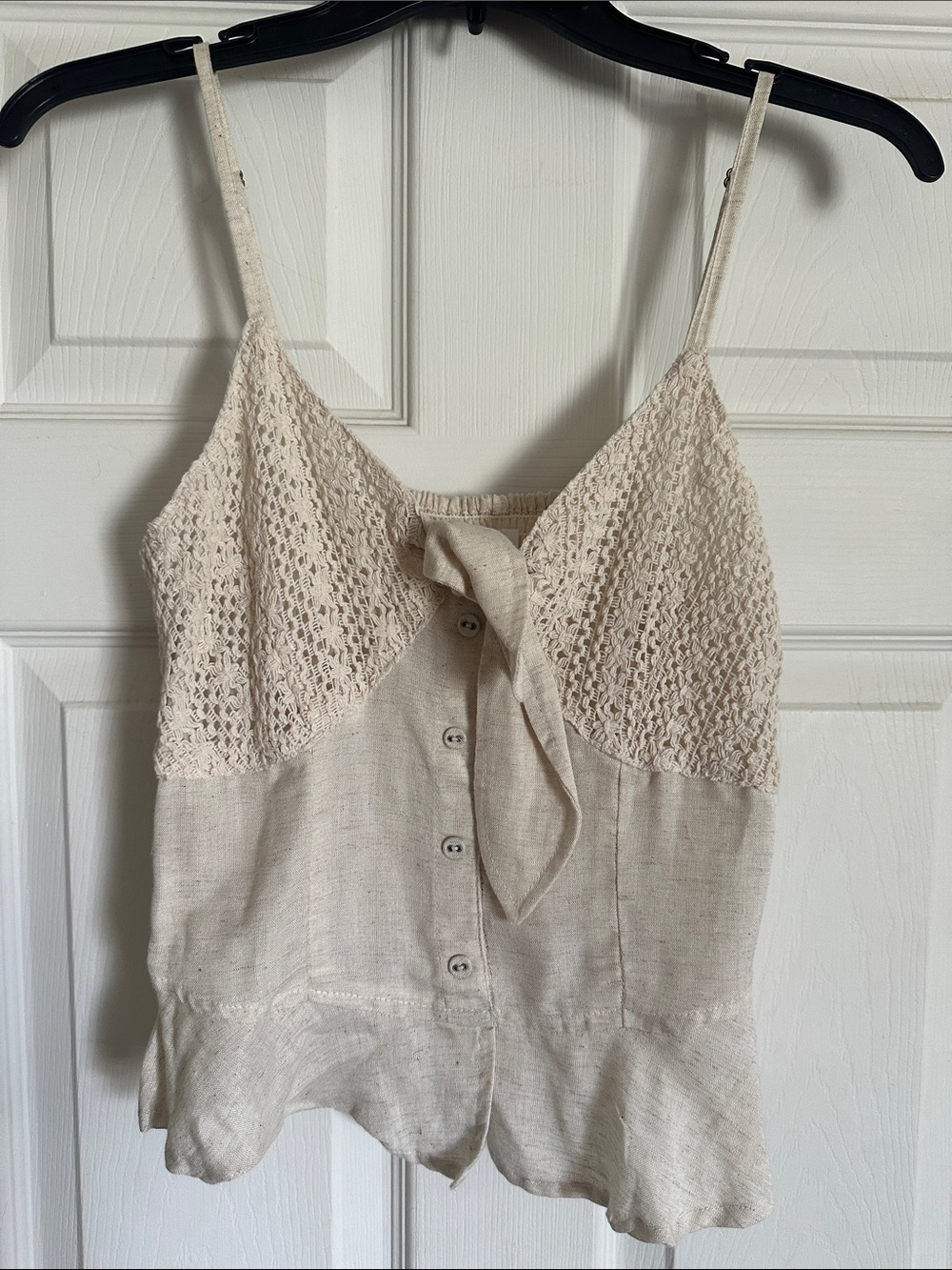 Cream Knit & Linen Blend Tie-Front Tank Top